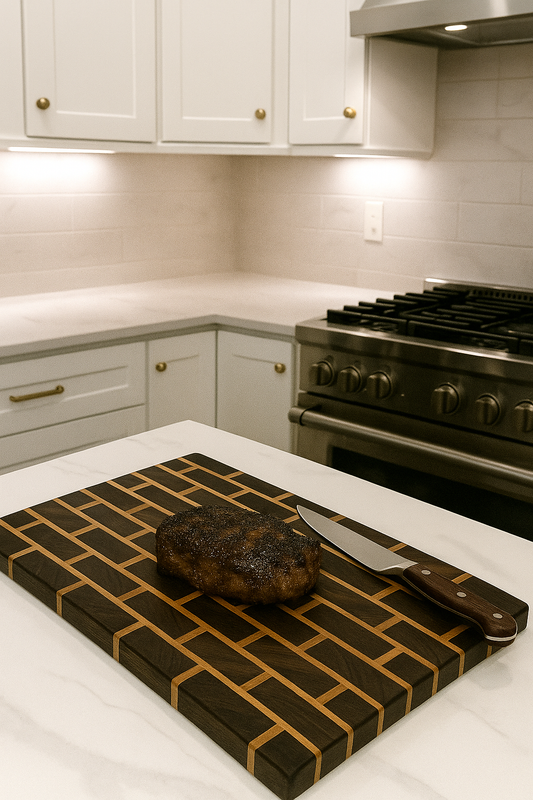 Brick & Mortar End Grain Cutting Board – Walnut & Maple | 22" x 14"Free Stand