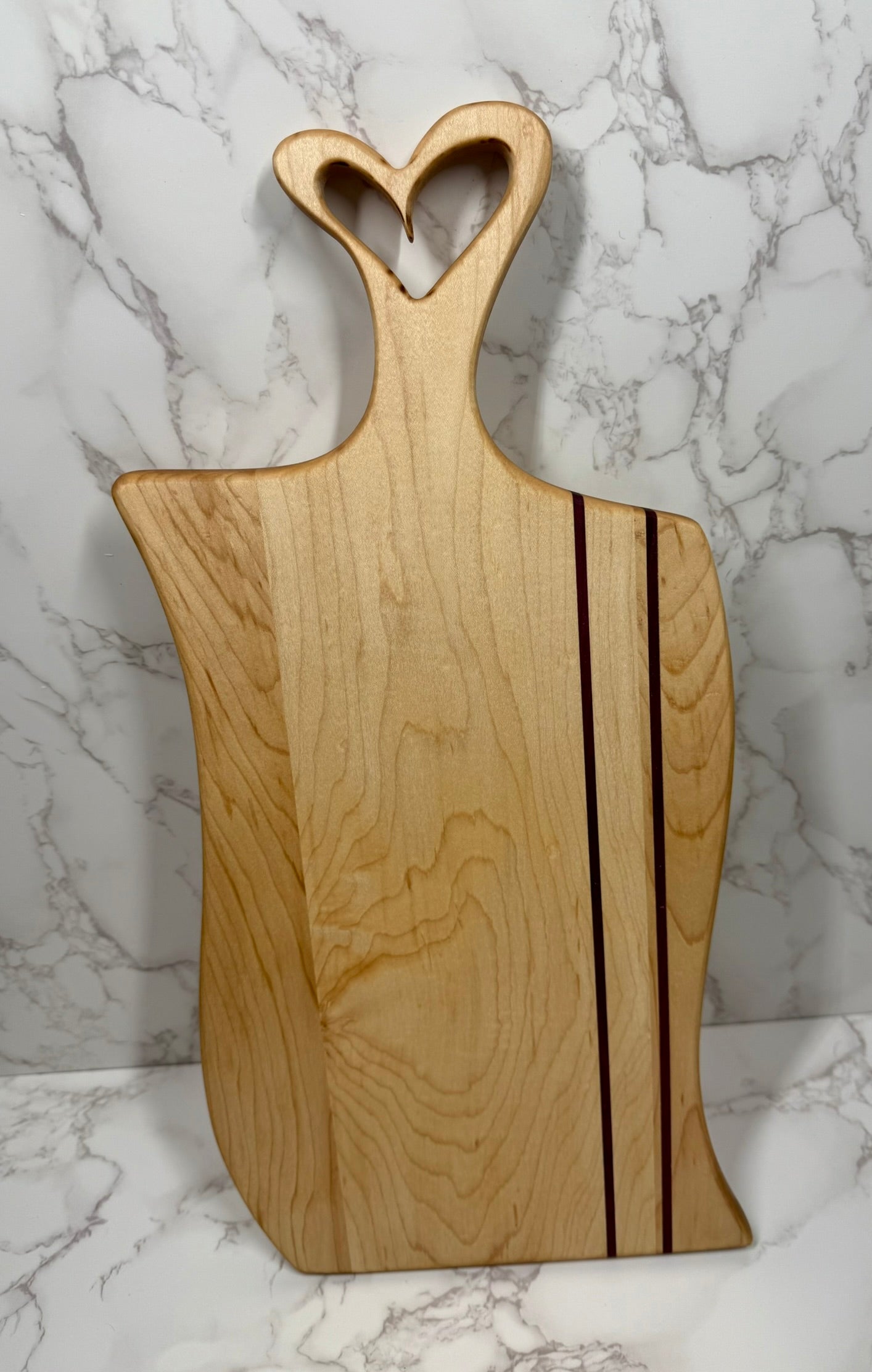 Maple Hardwood with Purple Heart inlay Heart Handle Charcuterie Board