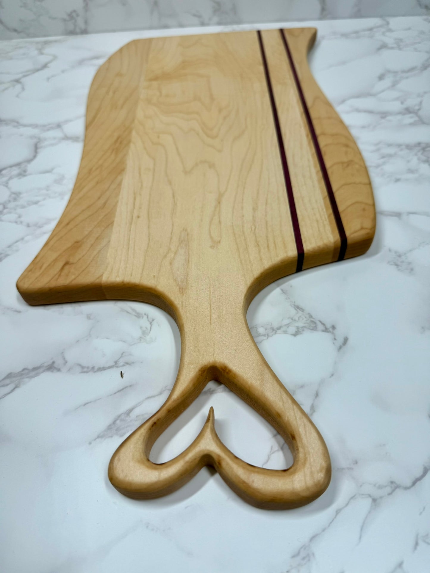 Maple Hardwood with Purple Heart inlay Heart Handle Charcuterie Board
