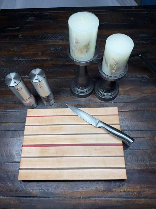 Maple, with thin stripe of Walnut Purple Heart Edge Grain Cutting board 14x10x1.25"